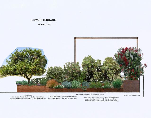 terraza jardineras corten jardín mediterráneo gramíneas decorativas